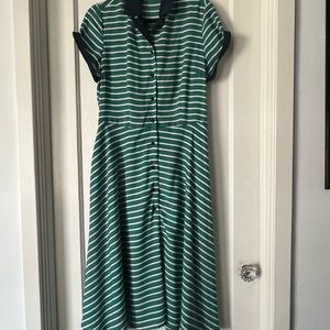 Unique Vintage Green and White Striped Midi Shirt Dress with Navy Trim